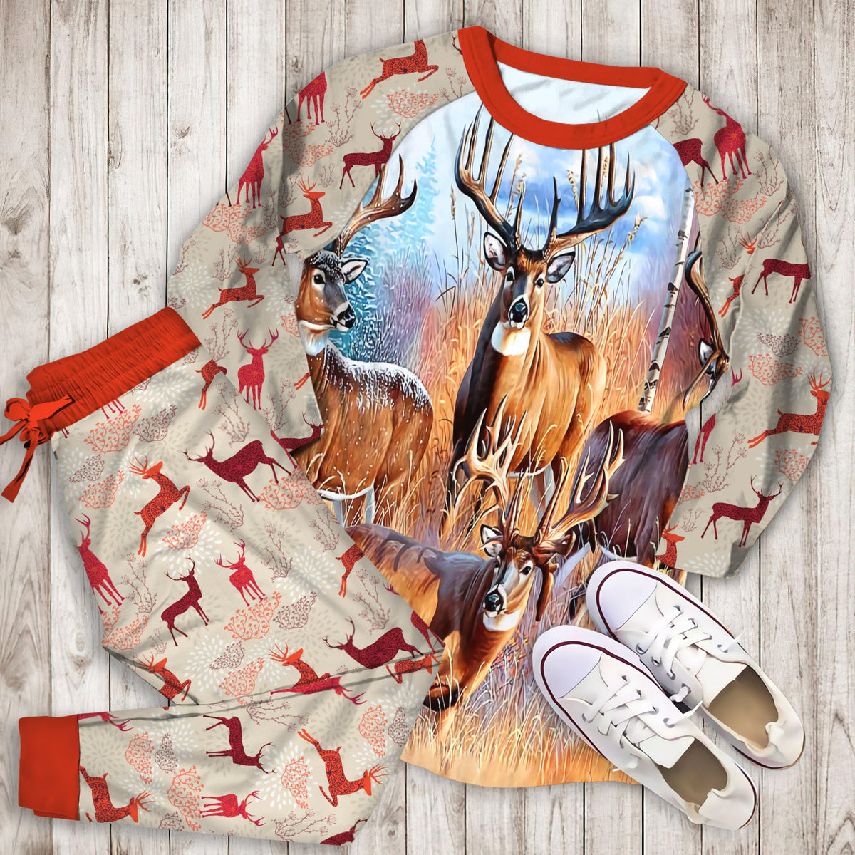 Four Deer Hunting Pajama Set |Sleepwear Pjs Sets | Raglan Shirt Pants Set