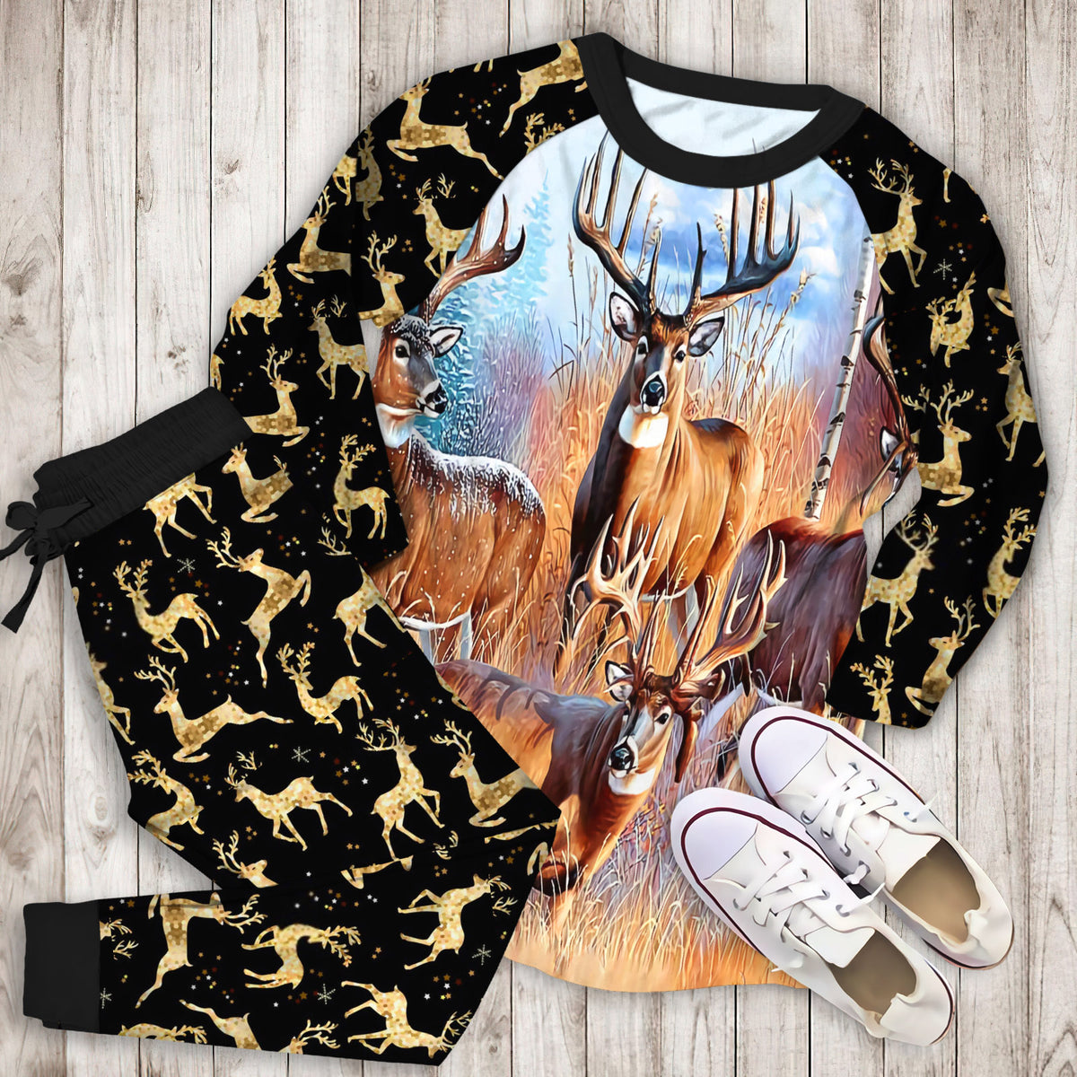 Four Deer Hunting Pajama Set |Sleepwear Pjs Sets | Raglan Shirt Pants Set