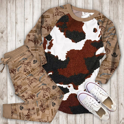 Cowhide Pajama Set | Pajamas | Cotton Sleepwear Sets | Soft Long Sleeve Pjs | Raglan Shirt and Pants Set