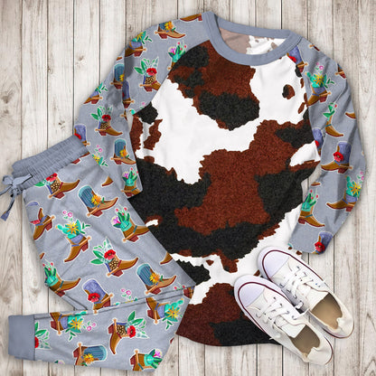Cowhide Pajama Set | Pajamas | Cotton Sleepwear Sets | Soft Long Sleeve Pjs | Raglan Shirt and Pants Set