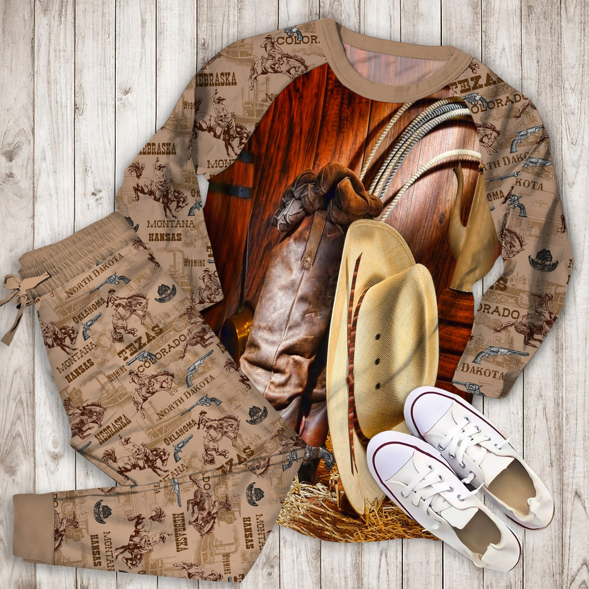 Cowboy Pajama Set | Pajamas | Cotton Sleepwear Sets | Soft Long Sleeve Pjs | Raglan Shirt and Pants Set