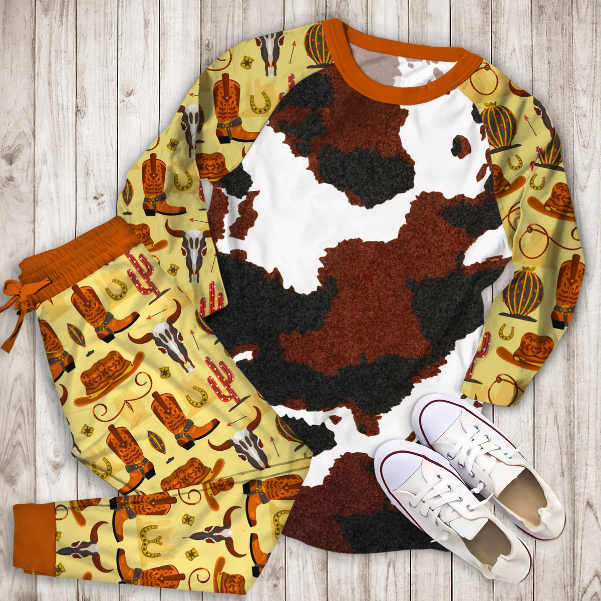 Cowhide Pajama Set | Pajamas | Cotton Sleepwear Sets | Soft Long Sleeve Pjs | Raglan Shirt and Pants Set
