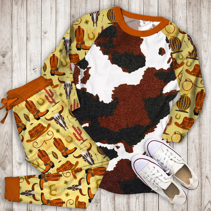 Cowhide Pajama Set | Pajamas | Cotton Sleepwear Sets | Soft Long Sleeve Pjs | Raglan Shirt and Pants Set