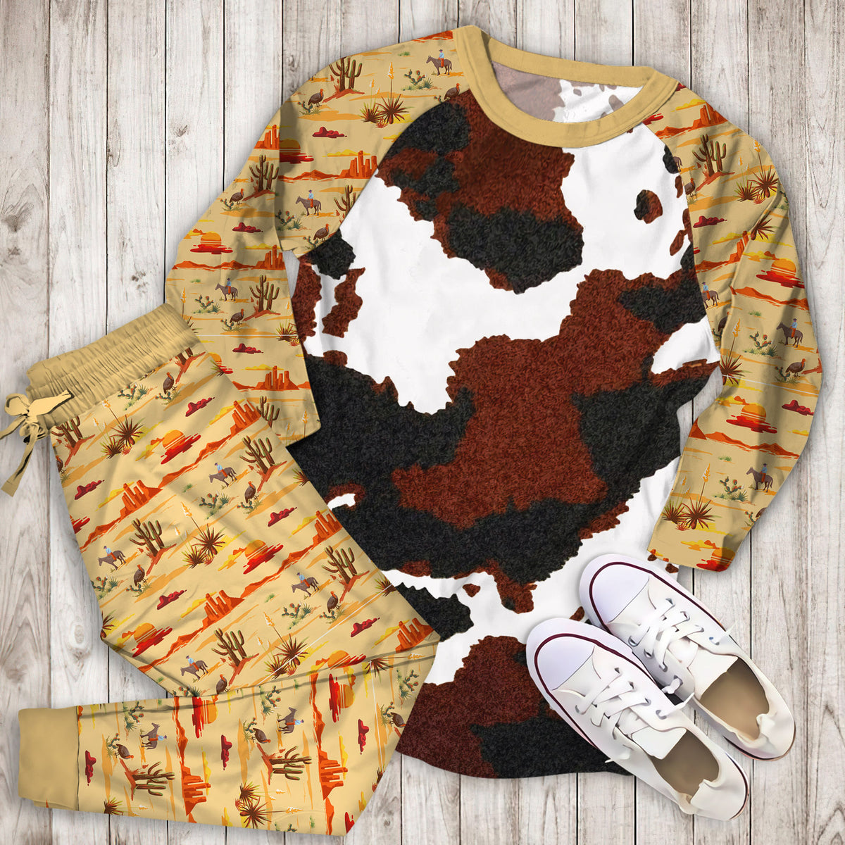 Cowhide Pajama Set | Pajamas | Cotton Sleepwear Sets | Soft Long Sleeve Pjs | Raglan Shirt and Pants Set