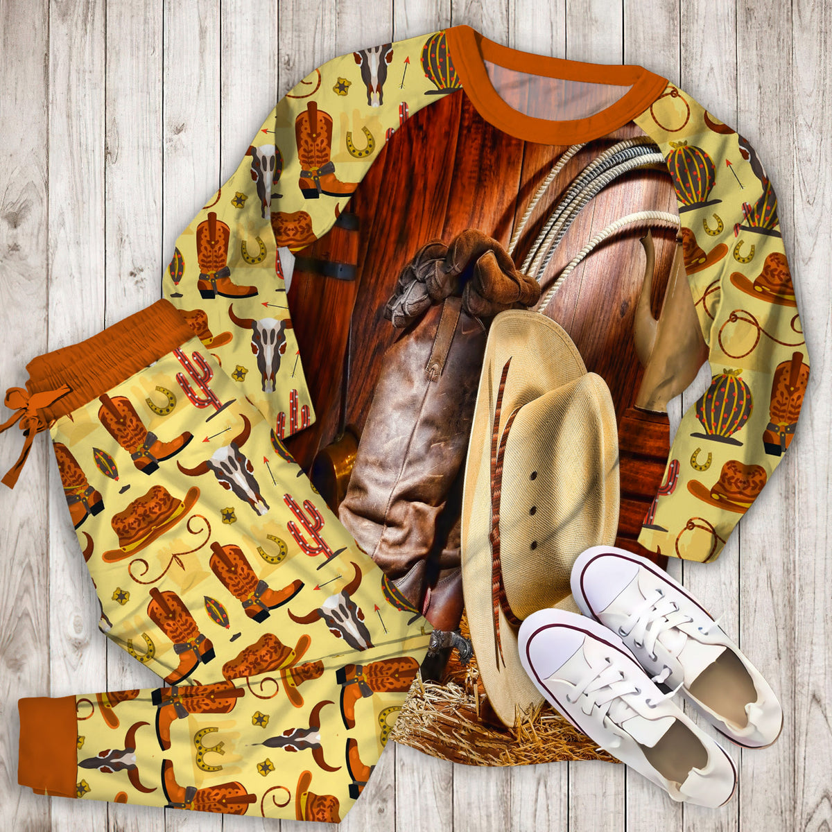 Cowboy Pajama Set | Pajamas | Cotton Sleepwear Sets | Soft Long Sleeve Pjs | Raglan Shirt and Pants Set