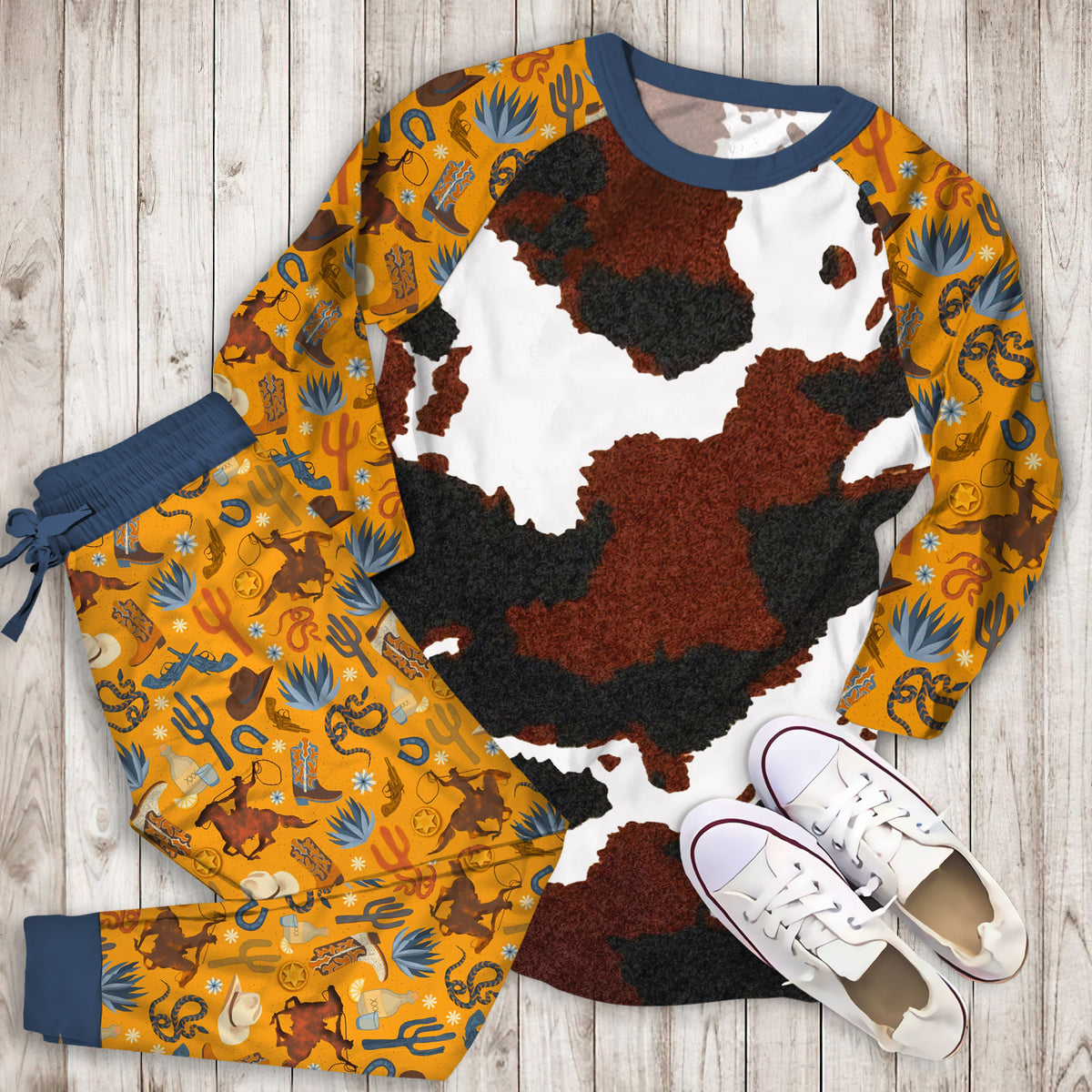 Cowhide Pajama Set | Pajamas | Cotton Sleepwear Sets | Soft Long Sleeve Pjs | Raglan Shirt and Pants Set