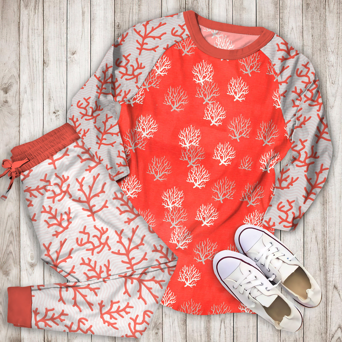 Coral Pajama Set | Pajamas | Cotton Sleepwear Sets | Soft Long Sleeve Pjs | Raglan Shirt and Pants Set