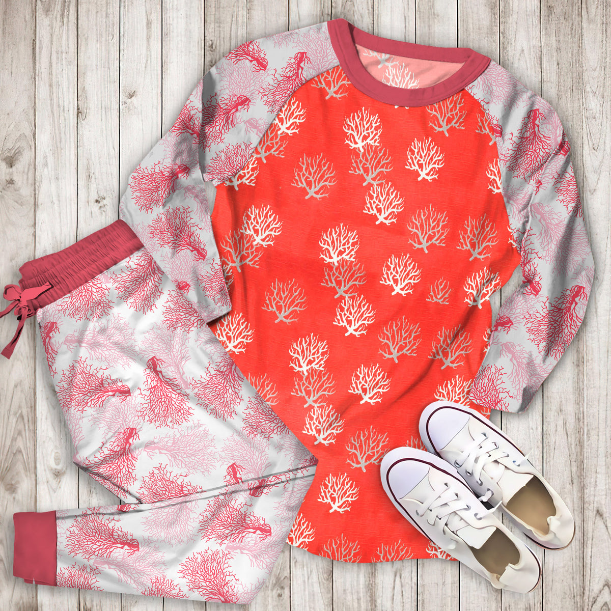 Coral Pajama Set | Pajamas | Cotton Sleepwear Sets | Soft Long Sleeve Pjs | Raglan Shirt and Pants Set