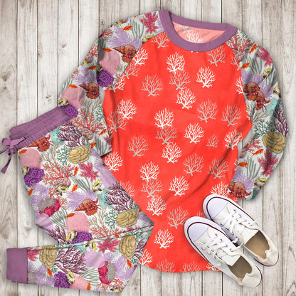 Coral Pajama Set | Pajamas | Cotton Sleepwear Sets | Soft Long Sleeve Pjs | Raglan Shirt and Pants Set