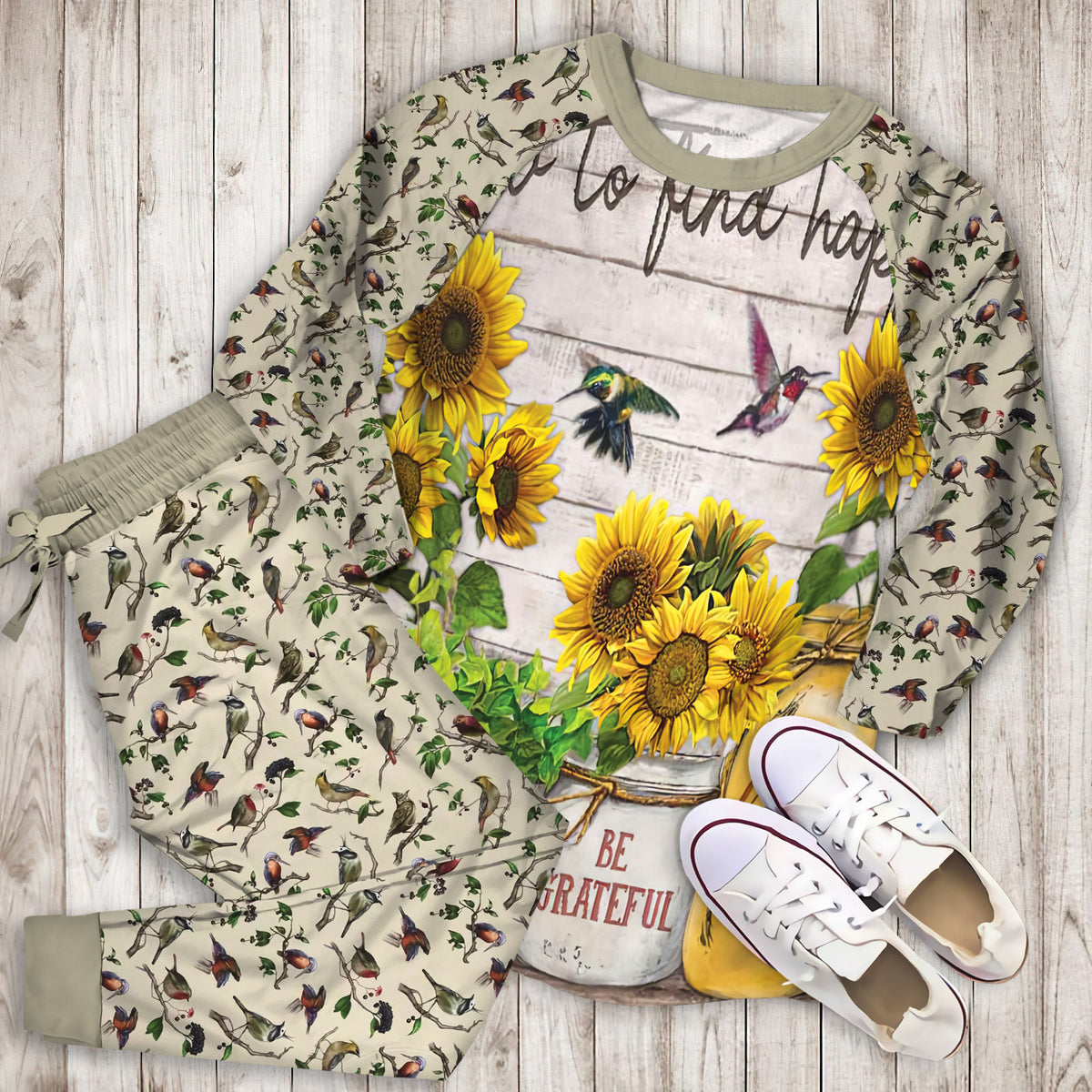 Hummingbird Sunflower Pajama Set |Sleepwear Pjs Sets | Raglan Shirt Pants Set