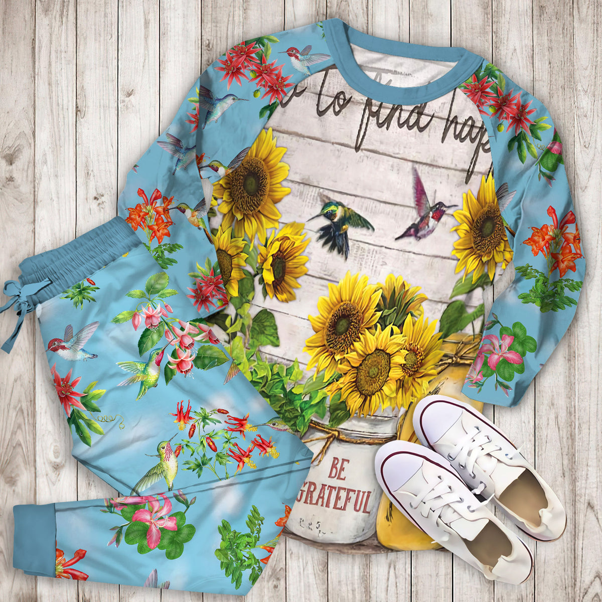 Hummingbird Sunflower Pajama Set |Sleepwear Pjs Sets | Raglan Shirt Pants Set
