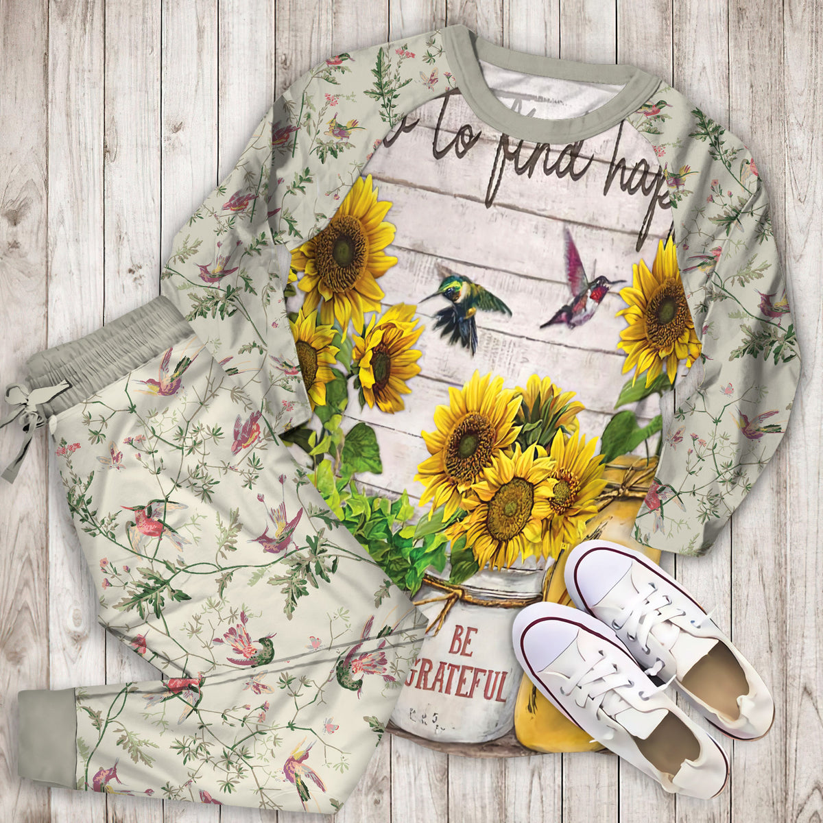 Hummingbird Sunflower Pajama Set |Sleepwear Pjs Sets | Raglan Shirt Pants Set