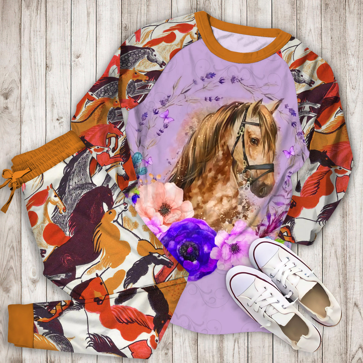 Horse Flower Pattern Purple Pajama Set |Sleepwear Pjs Sets | Raglan Shirt Pants Set