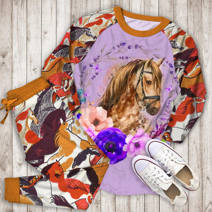 Horse Flower Pattern Purple Pajama Set |Sleepwear Pjs Sets | Raglan Shirt Pants Set