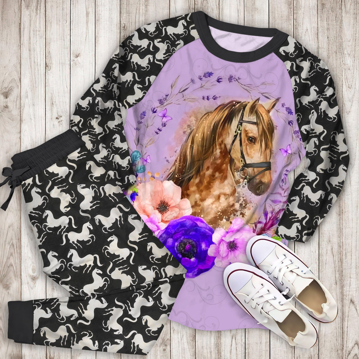 Horse Flower Pattern Purple Pajama Set |Sleepwear Pjs Sets | Raglan Shirt Pants Set