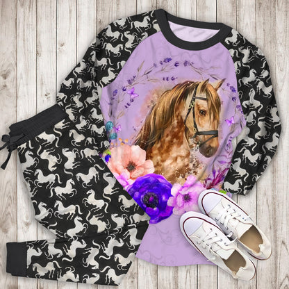 Horse Flower Pattern Purple Pajama Set |Sleepwear Pjs Sets | Raglan Shirt Pants Set