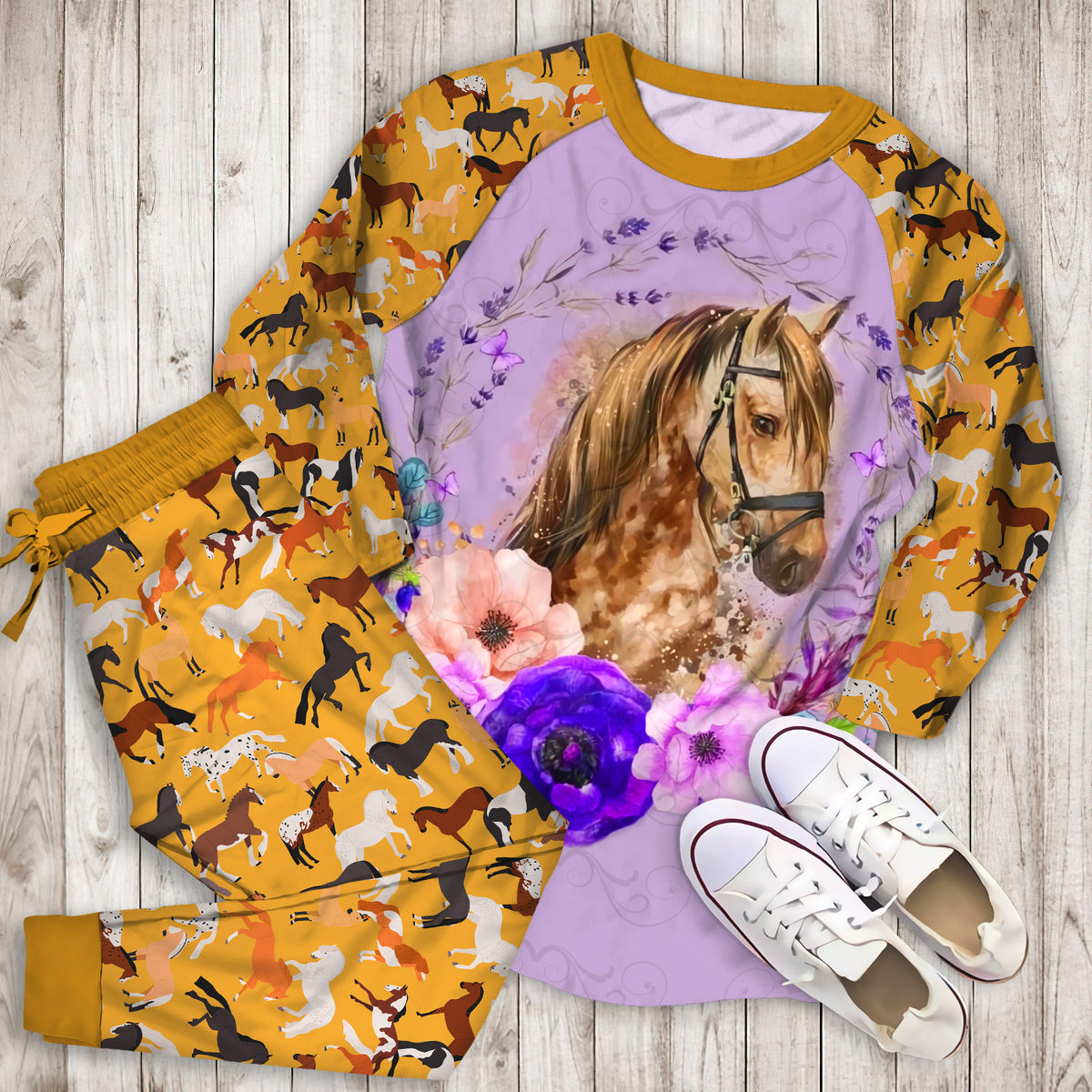 Horse Flower Pattern Purple Pajama Set |Sleepwear Pjs Sets | Raglan Shirt Pants Set