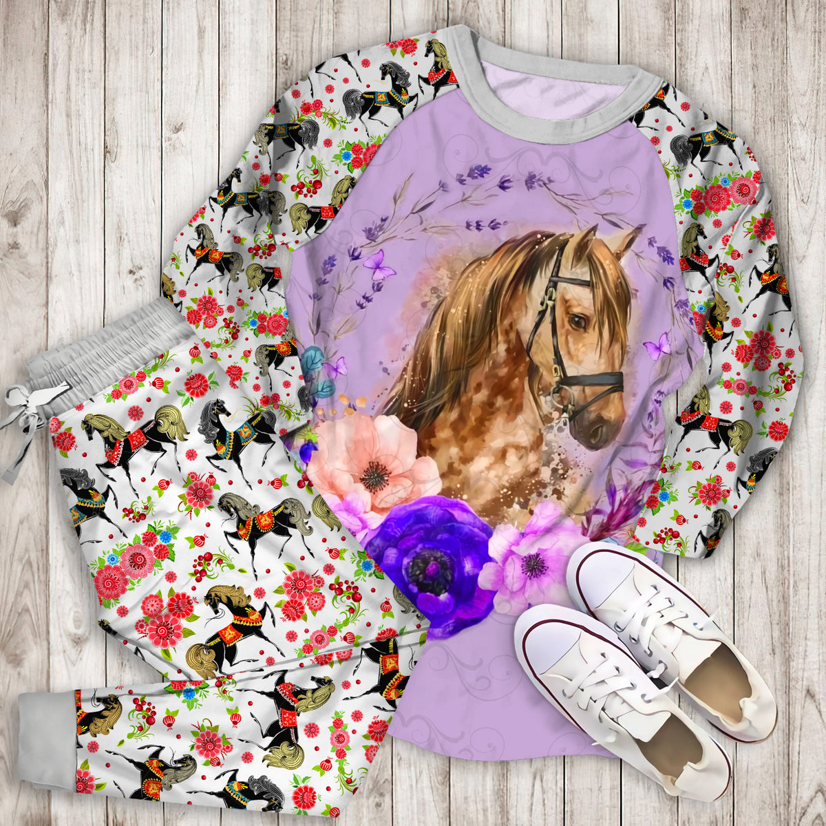 Horse Flower Pattern Purple Pajama Set |Sleepwear Pjs Sets | Raglan Shirt Pants Set