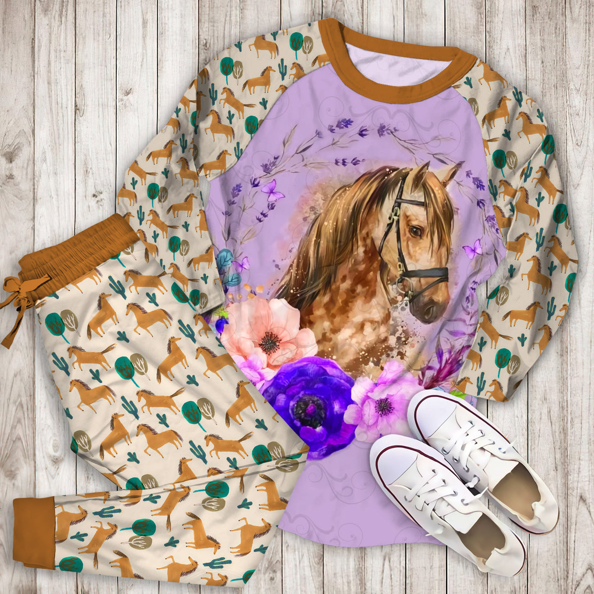 Horse Flower Pattern Purple Pajama Set |Sleepwear Pjs Sets | Raglan Shirt Pants Set
