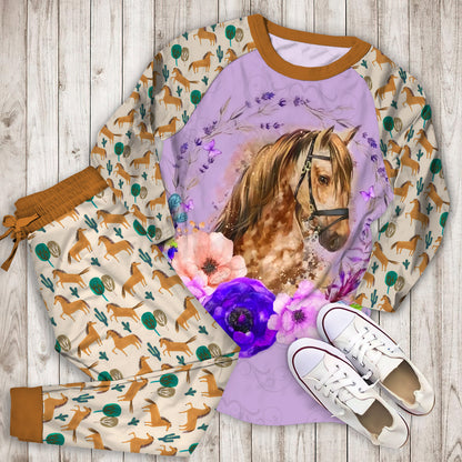 Horse Flower Pattern Purple Pajama Set |Sleepwear Pjs Sets | Raglan Shirt Pants Set