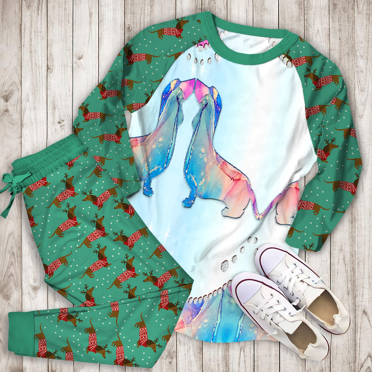 Dachshund Personalized Name Pajama Set |Sleepwear Pjs Sets | Raglan Shirt Pants Set