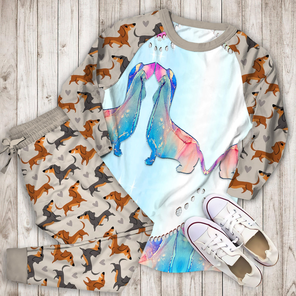 Dachshund Personalized Name Pajama Set |Sleepwear Pjs Sets | Raglan Shirt Pants Set