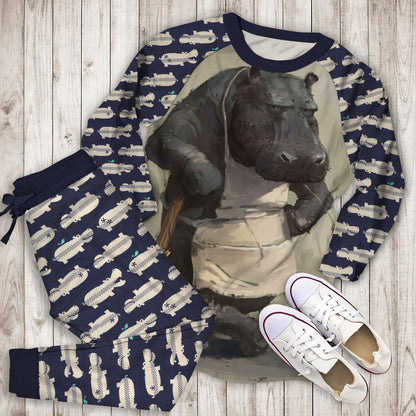 Hippo Pajama Set |Sleepwear Pjs Sets | Raglan Shirt Pants Set