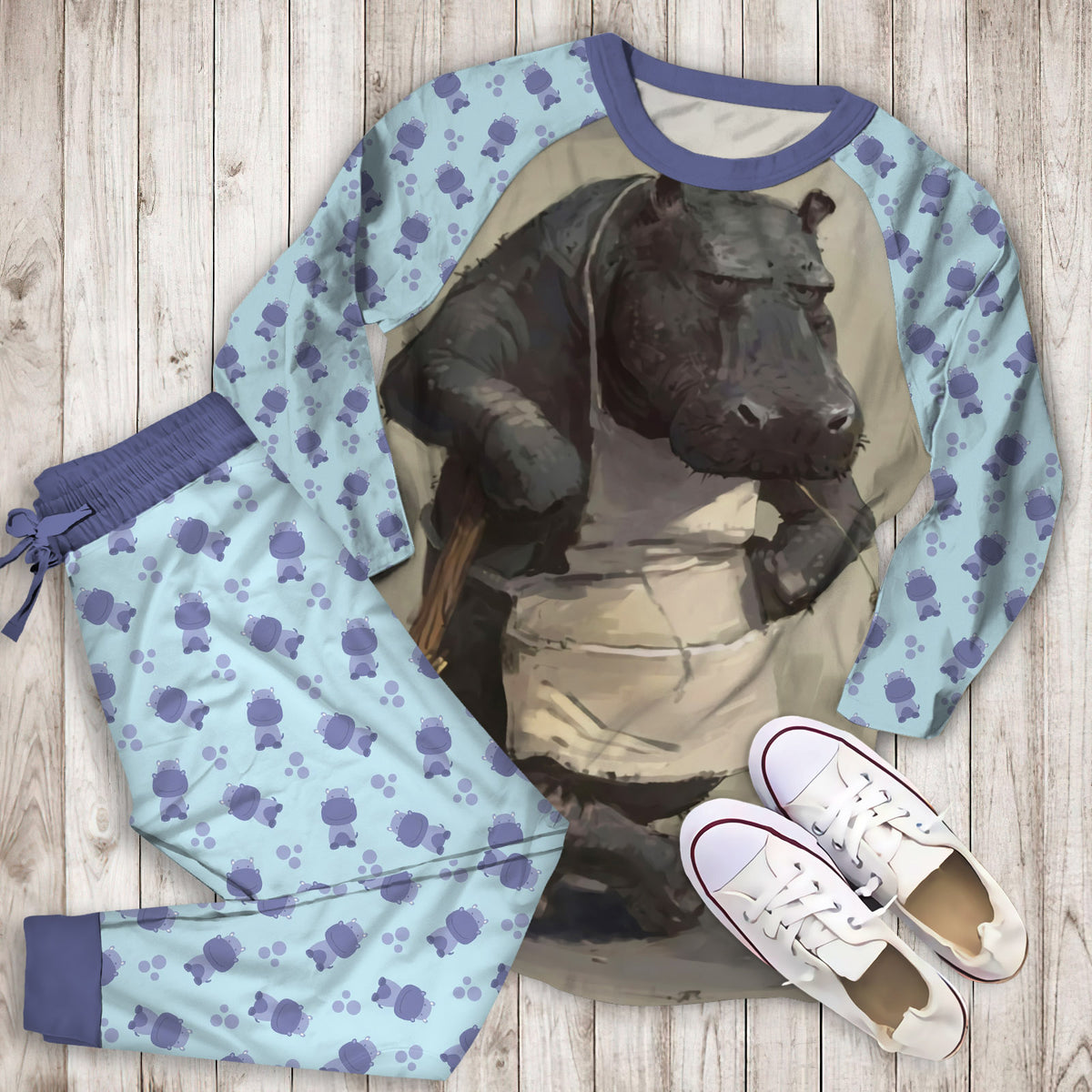 Hippo Pajama Set |Sleepwear Pjs Sets | Raglan Shirt Pants Set