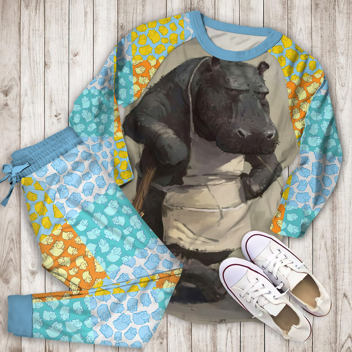 Hippo Pajama Set |Sleepwear Pjs Sets | Raglan Shirt Pants Set