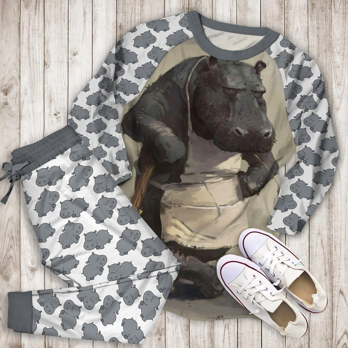 Hippo Pajama Set |Sleepwear Pjs Sets | Raglan Shirt Pants Set
