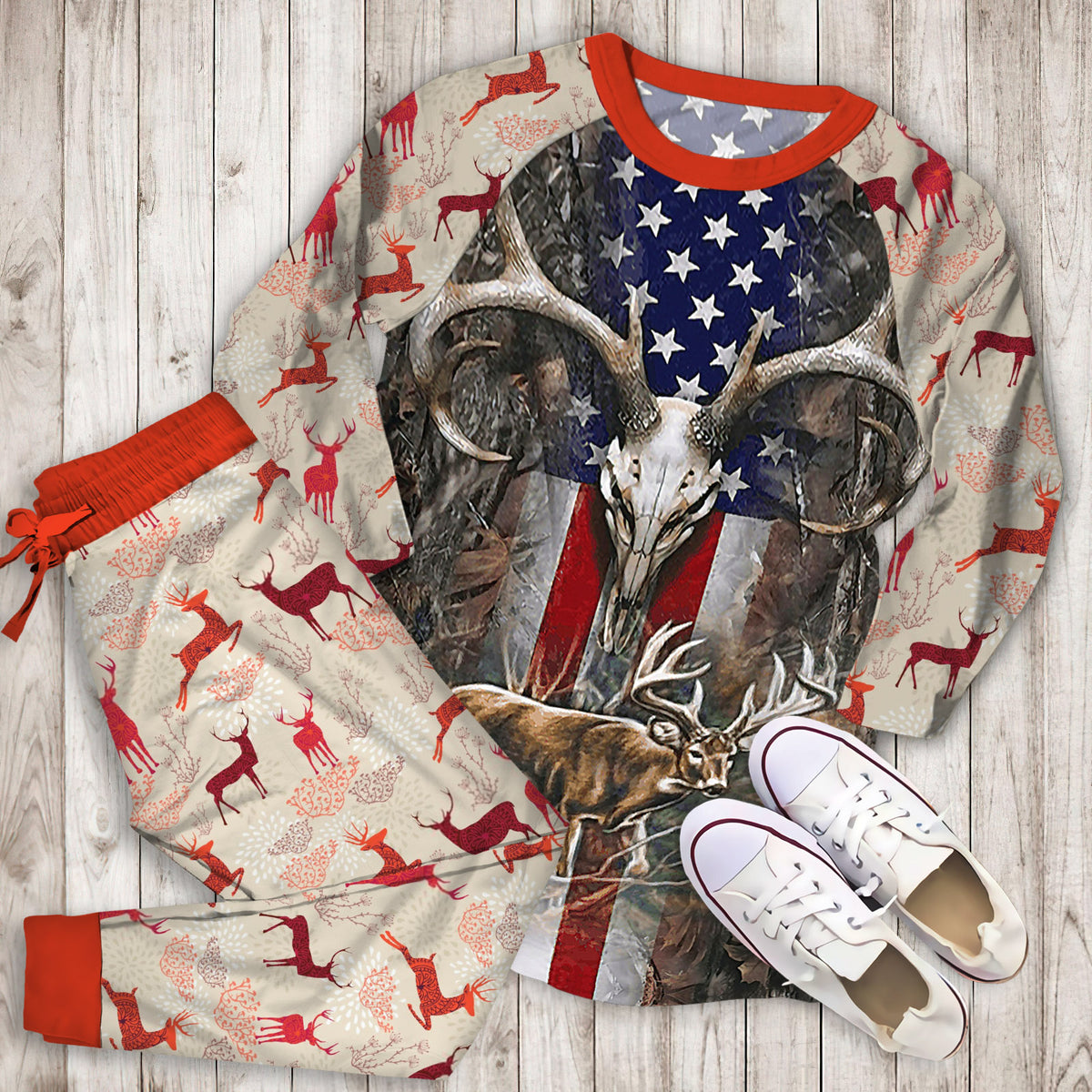 Deer Hunting Pajama Set | Pajamas | Cotton Sleepwear Sets | Soft Long Sleeve Pjs | Raglan Shirt and Pants Set