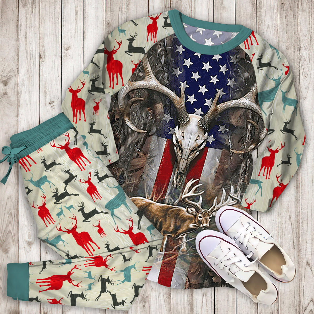 Deer Hunting Pajama Set | Pajamas | Cotton Sleepwear Sets | Soft Long Sleeve Pjs | Raglan Shirt and Pants Set
