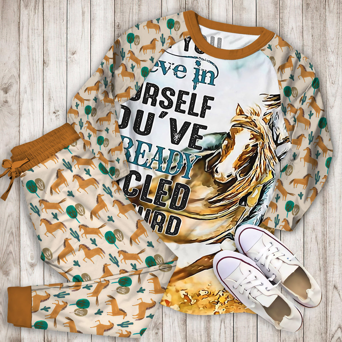 Horse Cowgirl Pajama Set |Sleepwear Pjs Sets | Raglan Shirt Pants Set