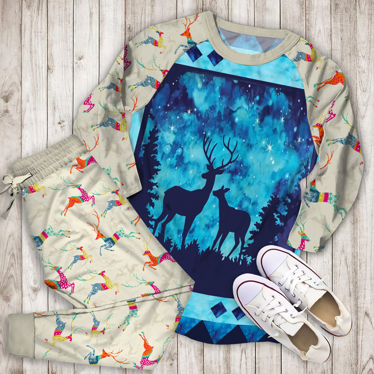 Twilight Deer Pajama Set | Pajamas | Cotton Sleepwear Sets | Soft Long Sleeve Pjs | Raglan Shirt and Pants Set