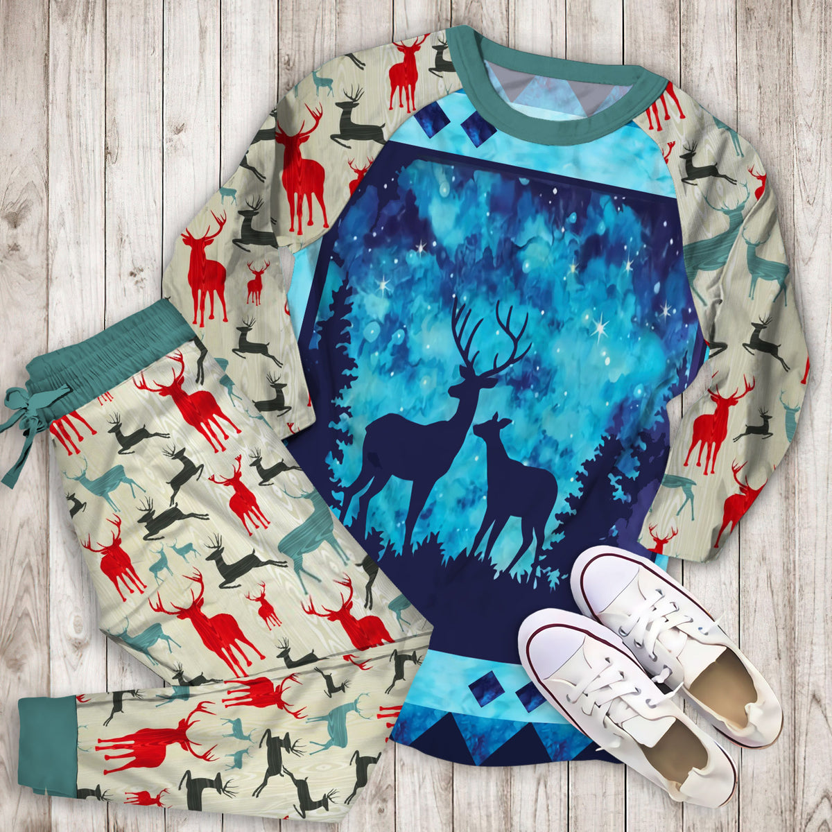 Twilight Deer Pajama Set | Pajamas | Cotton Sleepwear Sets | Soft Long Sleeve Pjs | Raglan Shirt and Pants Set
