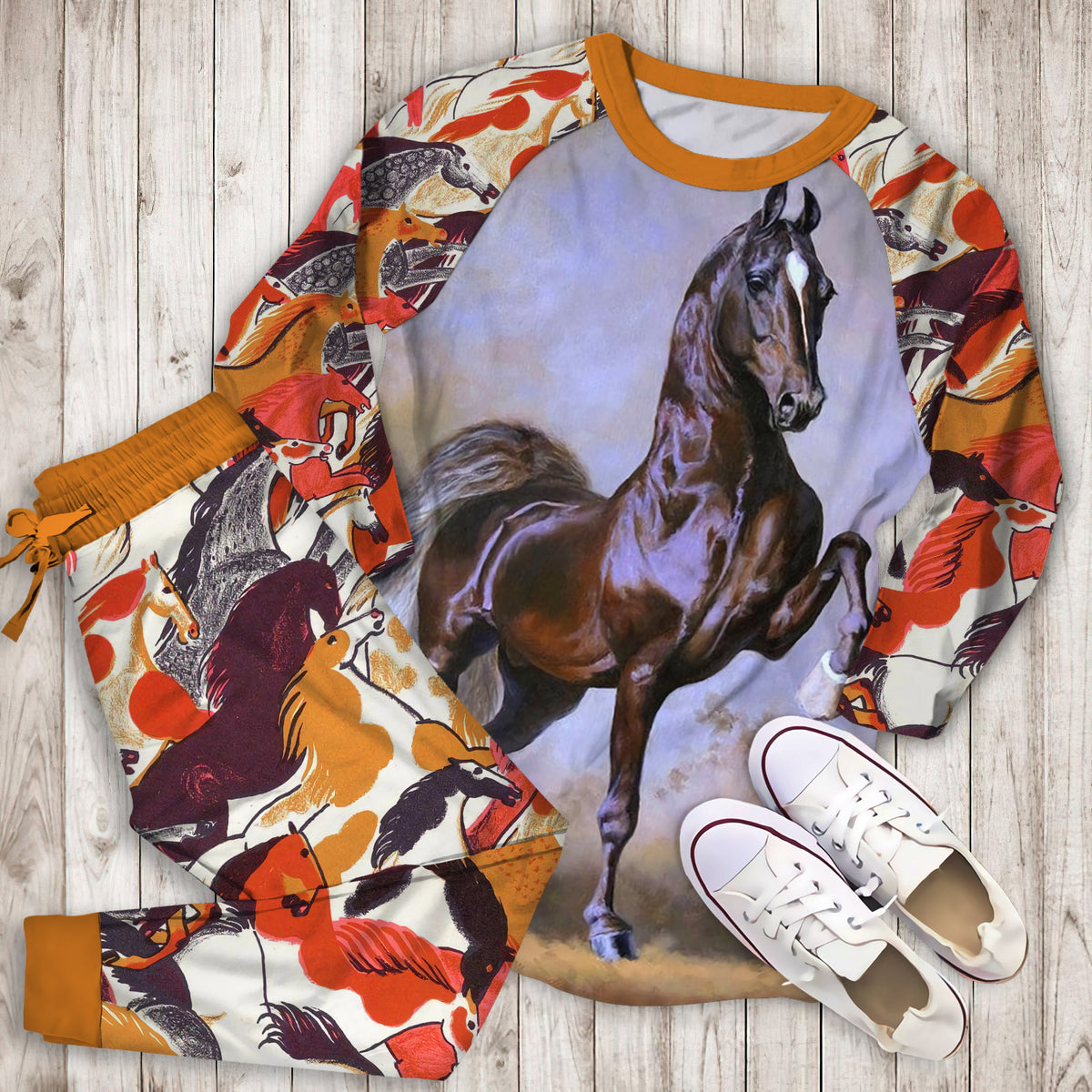 Horse Pajama Set |Sleepwear Pjs Sets | Raglan Shirt Pants Set