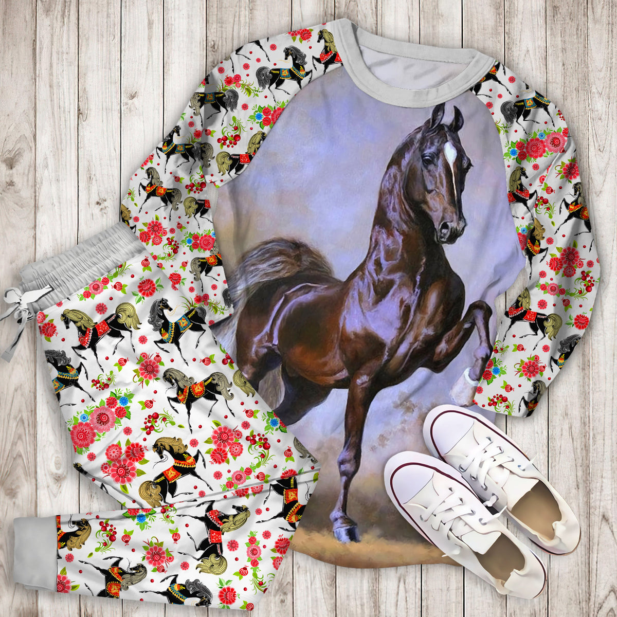 Horse Pajama Set |Sleepwear Pjs Sets | Raglan Shirt Pants Set