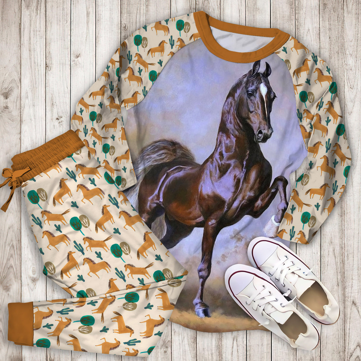 Horse Pajama Set |Sleepwear Pjs Sets | Raglan Shirt Pants Set