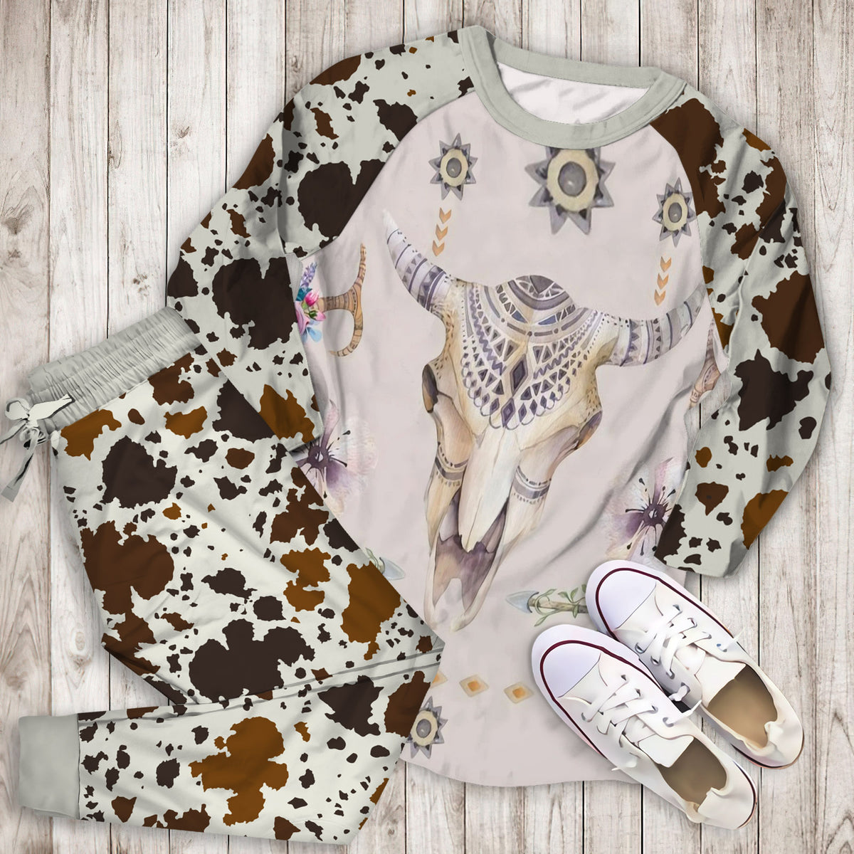 Cow Skulls Pajama Set | Pajamas | Cotton Sleepwear Sets | Soft Long Sleeve Pjs | Raglan Shirt and Pants Set