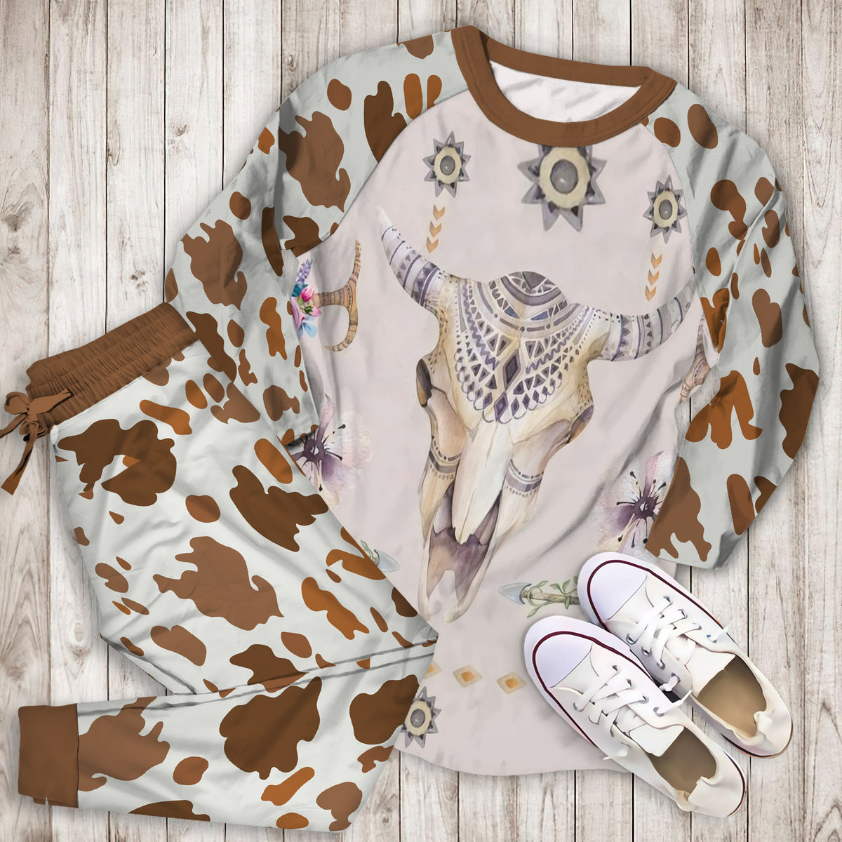 Cow Skulls Pajama Set | Pajamas | Cotton Sleepwear Sets | Soft Long Sleeve Pjs | Raglan Shirt and Pants Set