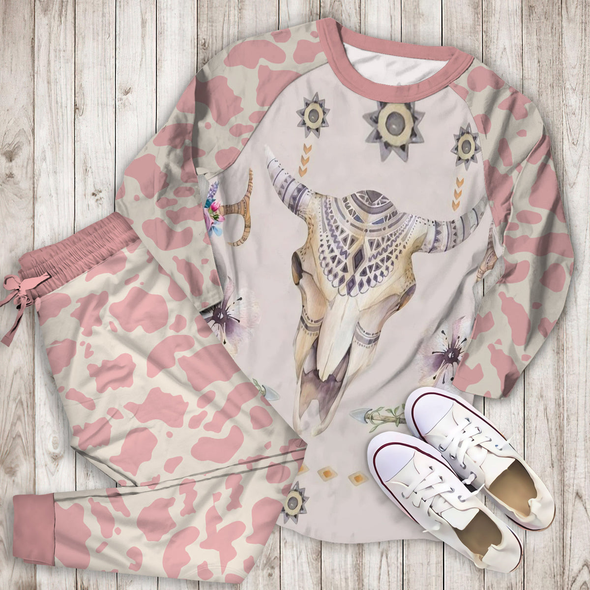 Cow Skulls Pajama Set | Pajamas | Cotton Sleepwear Sets | Soft Long Sleeve Pjs | Raglan Shirt and Pants Set