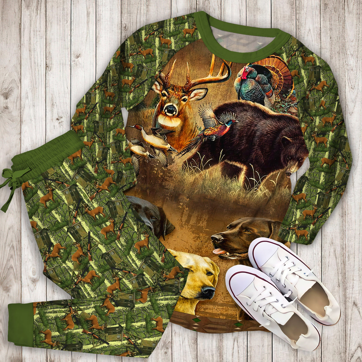 Hunting Pajama Set | Pajamas | Cotton Sleepwear Sets | Soft Long Sleeve Pjs | Raglan Shirt and Pants Set