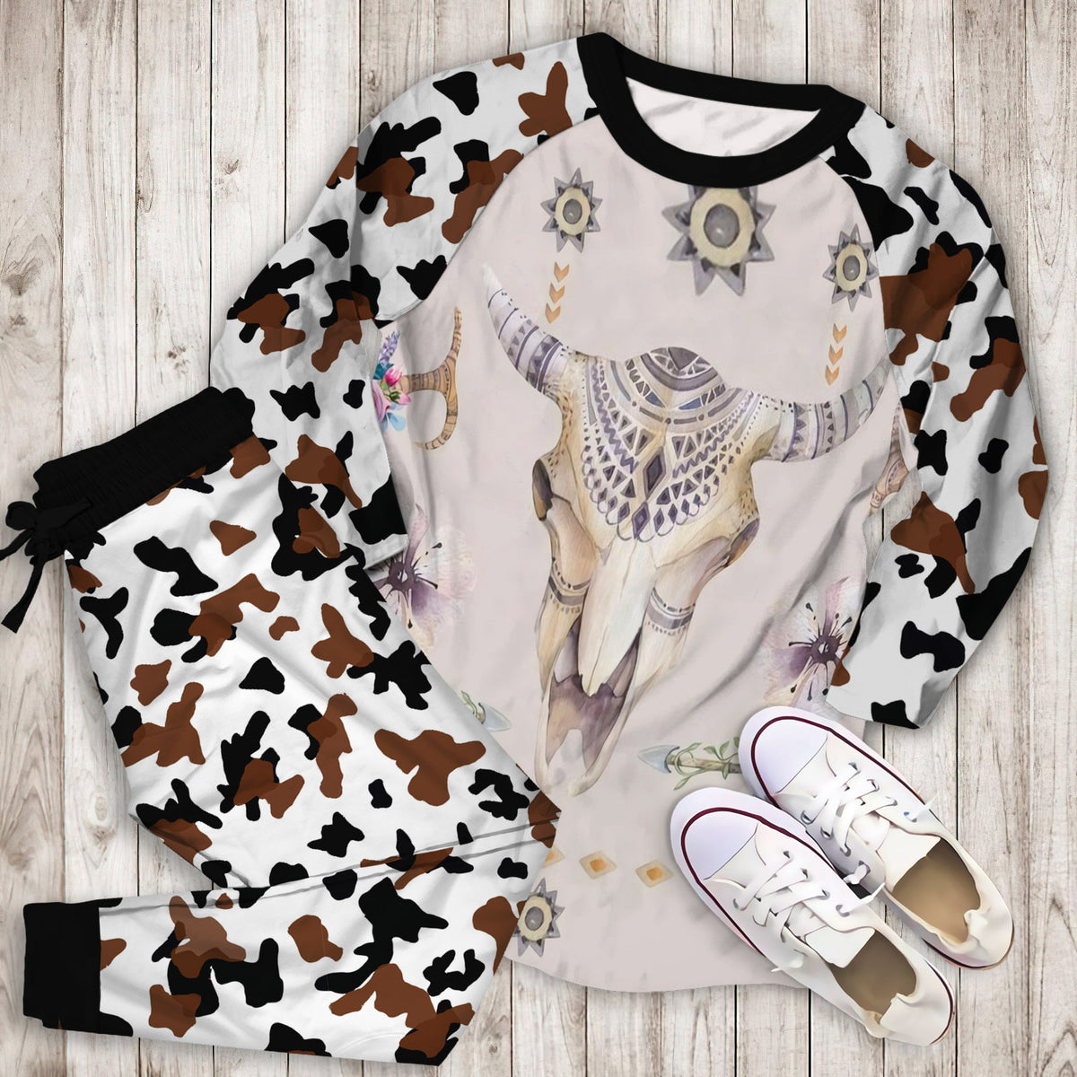 Cow Skulls Pajama Set | Pajamas | Cotton Sleepwear Sets | Soft Long Sleeve Pjs | Raglan Shirt and Pants Set