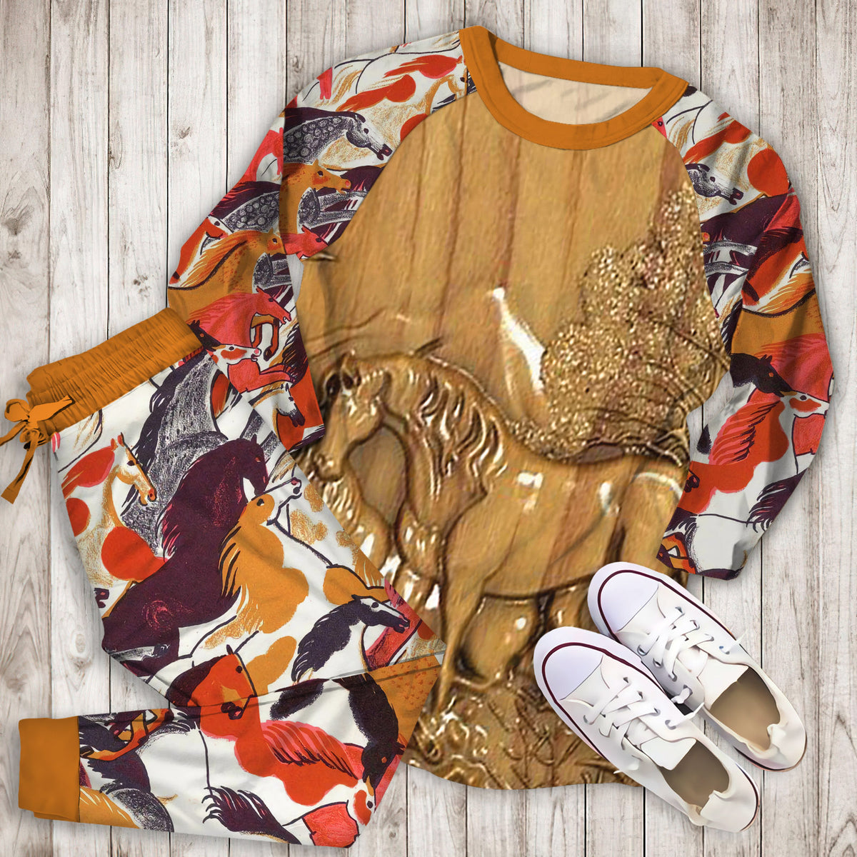 Horse Pajama Set | Pajamas | Cotton Sleepwear Sets | Soft Long Sleeve Pjs | Raglan Shirt and Pants Set