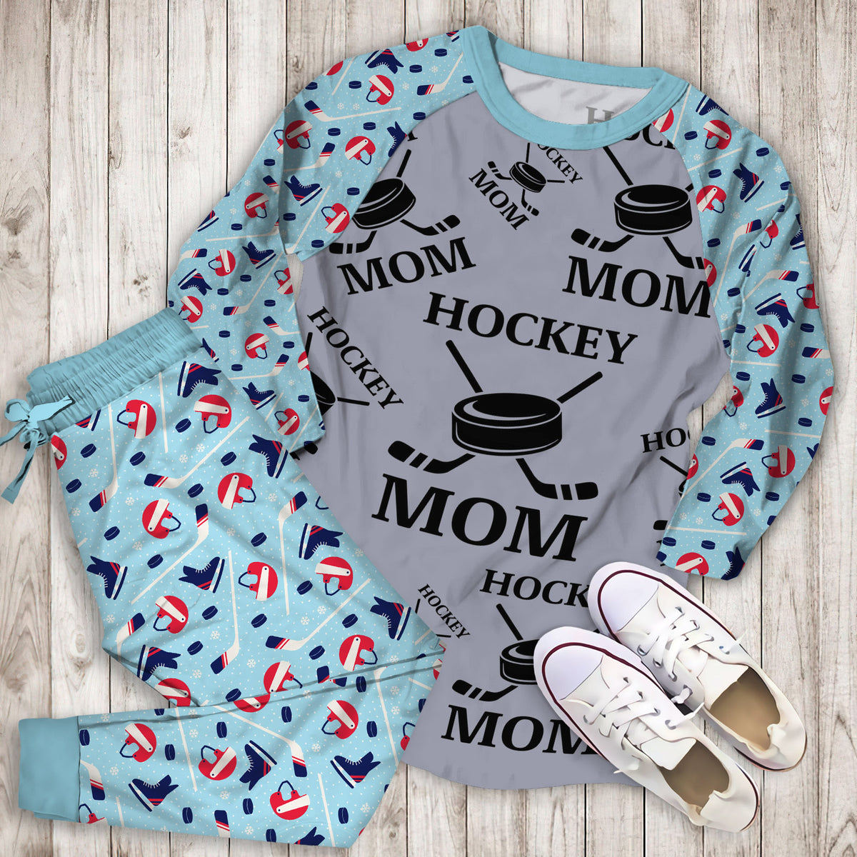 Hockey Mom Pajama Set |Sleepwear Pjs Sets | Raglan Shirt Pants Set