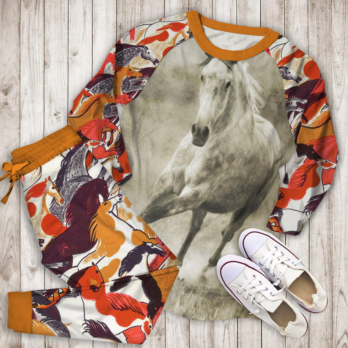 Galloping Dappled Grey Horse Pajama Set | Pajamas | Cotton Sleepwear Sets | Soft Long Sleeve Pjs | Raglan Shirt and Pants Set