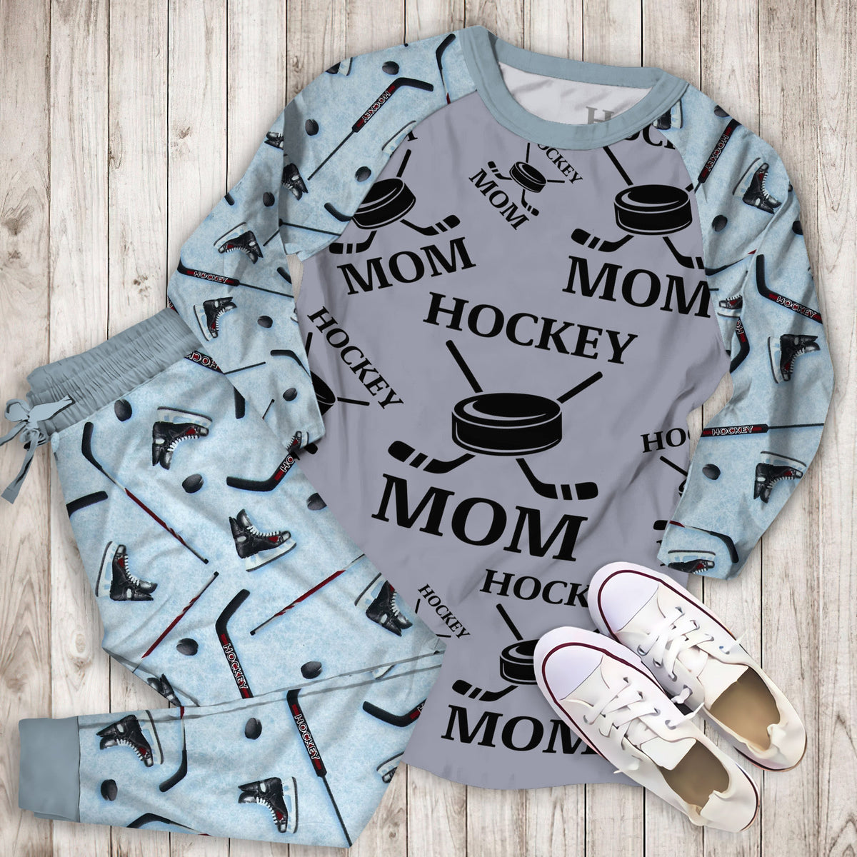 Hockey Mom Pajama Set |Sleepwear Pjs Sets | Raglan Shirt Pants Set