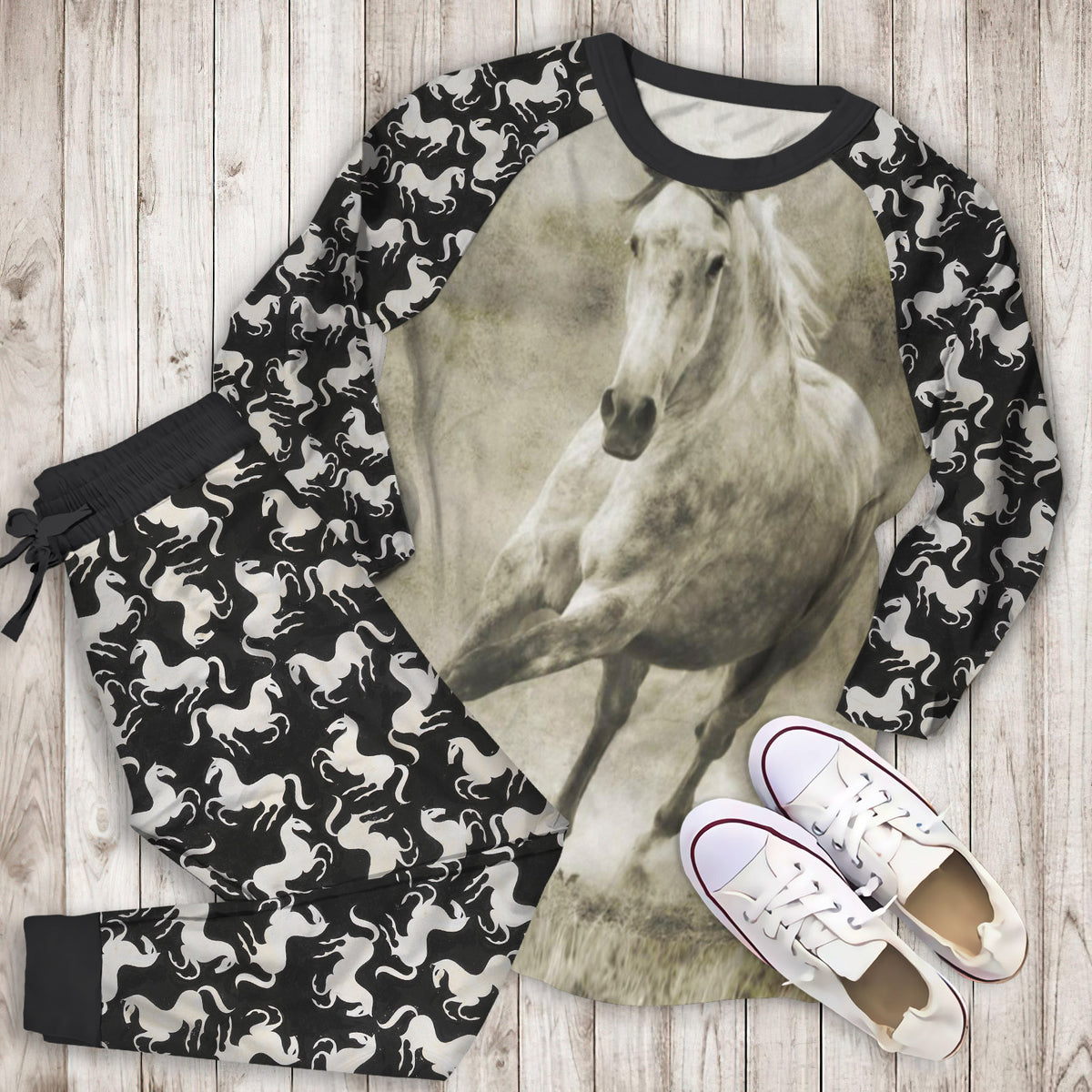 Galloping Dappled Grey Horse Pajama Set | Pajamas | Cotton Sleepwear Sets | Soft Long Sleeve Pjs | Raglan Shirt and Pants Set