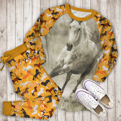 Galloping Dappled Grey Horse Pajama Set | Pajamas | Cotton Sleepwear Sets | Soft Long Sleeve Pjs | Raglan Shirt and Pants Set
