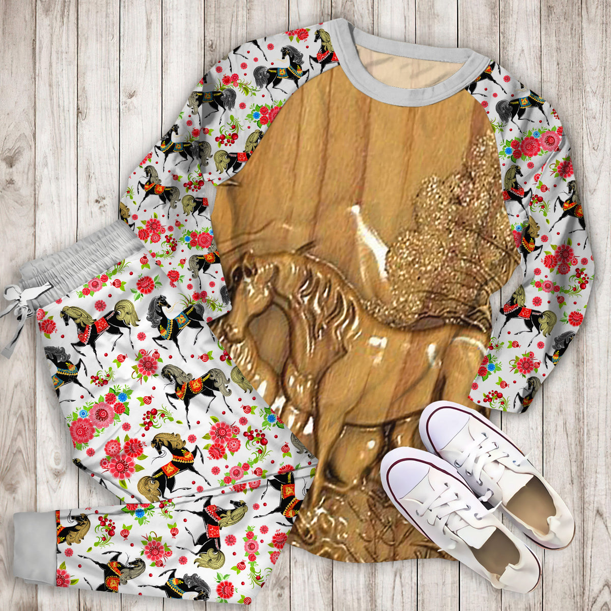 Horse Pajama Set | Pajamas | Cotton Sleepwear Sets | Soft Long Sleeve Pjs | Raglan Shirt and Pants Set